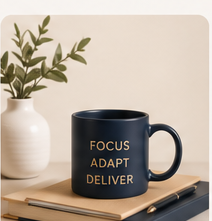 Navy coffee mug with words Focus, Adapt, Deliver